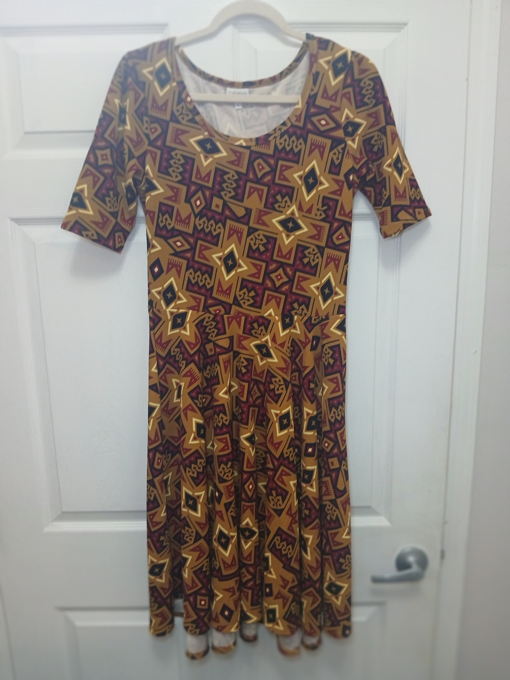 LuLaRoe Yellow and Burgundy Geometric Midi Dress